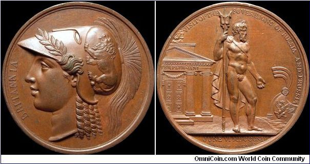 Visit of the Allied Sovereigns to England, Great Britain.

After Napoleon's first abdication the victorious Kings and Emperors pranced around Europe congratulating themselves. This medal commemorates part of the tour. Nice medal though.                                                                                                                                                                                                                                                                      