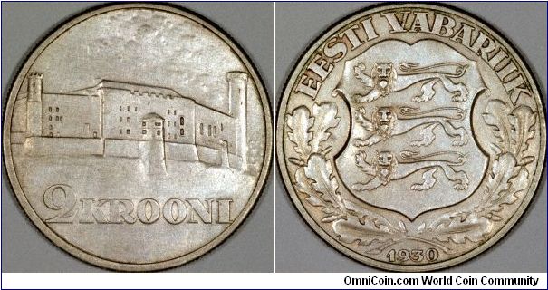 Tallinn castle is featured on the obverse of this 1930 Estonian 2 Krooni coin in .500 fine silver. The castle only appears on this one issue so we presume it was some kind of commemorative, but we do not know why, possibly connected with German merchants settling in Tallin around 1230.