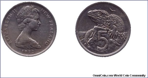 New Zealand, 5 cents, 1972, Cu-Ni, Tuatara Lizard, Queen Elizabeth II.                                                                                                                                                                                                                                                                                                                                                                                                                                              