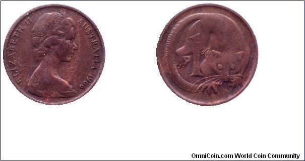 Australia, 1 cent, 1966, Bronze, Flying mouse, Queen Elizabeth II.                                                                                                                                                                                                                                                                                                                                                                                                                                                  