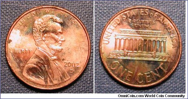 2002-D Lincoln Memorial Cent (Rainbow Toned)