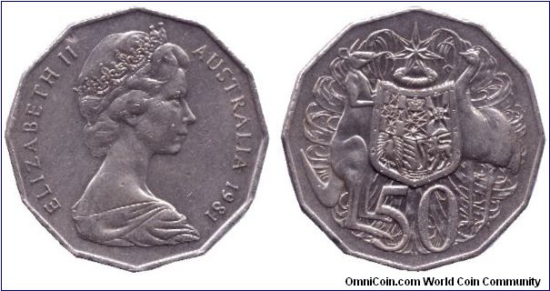 Australia, 50 cents, 1981, Cu-Ni, unusual form: 12 sided, Coat of Arms, Queen Elizabeth II.                                                                                                                                                                                                                                                                                                                                                                                                                         