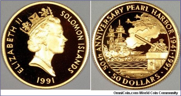 This gold proof $50 portrays a dramatic scene of conflict between Japanese Val dive-bombers and American gunners on the ground. The main superstructure of the battleship Nevada is outlined against a smoke-filled sky.
Part of a 4-coin set to commemorate Pearl Harbour.