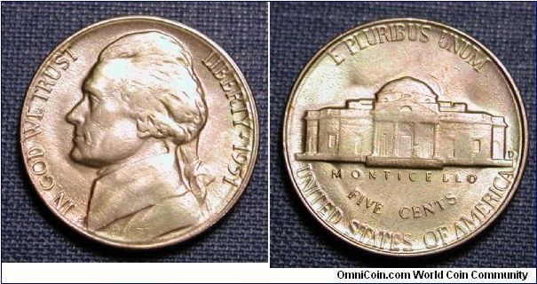 1951-D Jefferson Nickel (Pink/green toned)