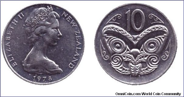 New Zealand, 10 cents, 1978, Cu-Ni, Maori mask, Queen Elizabeth II.                                                                                                                                                                                                                                                                                                                                                                                                                                                 