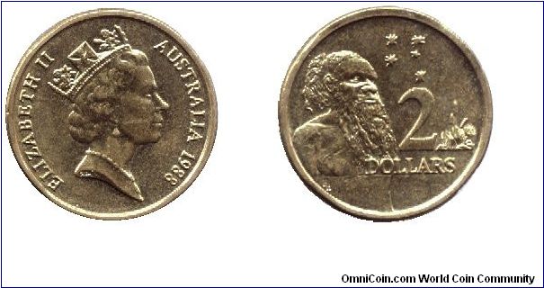 Australia, 2 dolars, 1988, Al-Bronze, Aborigine male, Queen Elizabeth II.                                                                                                                                                                                                                                                                                                                                                                                                                                           