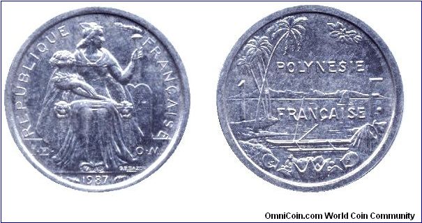 French Polynesia, 1 franc, 1987, Al.                                                                                                                                                                                                                                                                                                                                                                                                                                                                                