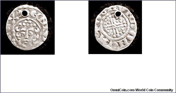 Henry III Short Cross penny Class 7b  Osmund on Canterbury 
Holed but good portrait. Probably used as a 'touch-piece' against Scrofula,the King's touch being a cure.