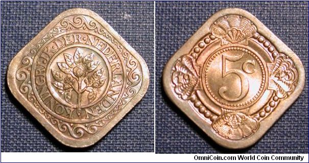 1943 Netherlands 5 Cents Pink/Gold Toned