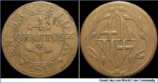 4 Quartos, Napoleonic Kingdom of Spain.

Barcelona occupation. This is a reverse variant of the other 1812 I put onsite. It has an old collector's number in ink on the obverse.                                                                                                                                                                                                                                                                                                                                  