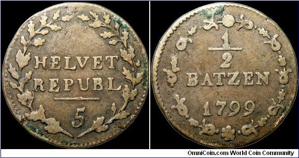 ½ Batzen, Helvetian Republic.

A ½ batzen was also worth 5 rappen (the number on the obverse).                                                                                                                                                                                                                                                                                                                                                                                                                    