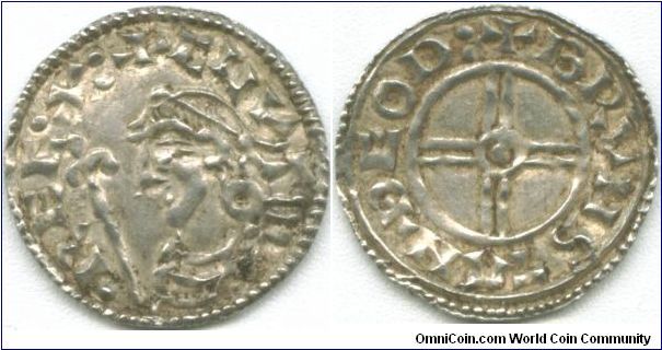 1030 Cnut Short Cross Penny. Moneyor - Brunstan of Thetford. A fairly typical grade for coins of Cnut's reign many having survived in hoards. From 1016-1035 Cnut was king of England and Denmark, both kingdoms were united under the same monarch until the death of Harthacnut in 1042 when they went their separate ways.