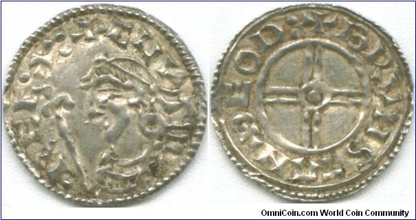 1030 Cnut Short Cross Penny. Moneyor - Brunstan of Thetford. A fairly typical grade for coins of Cnut's reign many having survived in hoards. From 1016-1035 Cnut was king of England and Denmark, both kingdoms were united under the same monarch until the death of Harthacnut in 1042 when they went their separate ways.