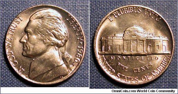 1980-P Jefferson Nickel (Golden Toned)