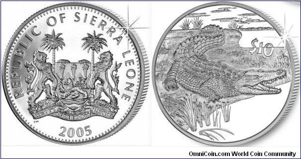 Crocodile on the reverse of a Sierra Leone $10 African animals series.