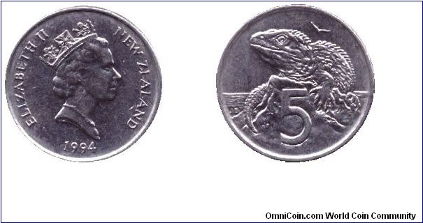 New Zealand, 5 cents, 1994, Tuatara lizard, Queen Elizabeth II.                                                                                                                                                                                                                                                                                                                                                                                                                                                     