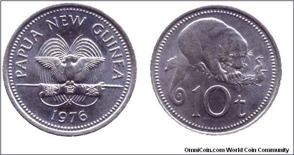 Papua New Guinea, 10 toea, 1976, Cu-Ni, Cuscus.                                                                                                                                                                                                                                                                                                                                                                                                                                                                     