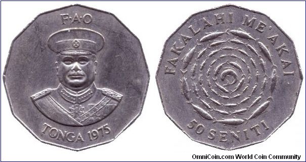 Tonga, 50 cents, 1975, Cu-Ni, Fakalahi Me'Akai, King Taufa'ahau Tupou.                                                                                                                                                                                                                                                                                                                                                                                                                                              