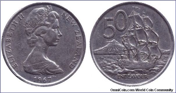 New Zealand, 50 cents, 1967, Cu-Ni, H.M.S. Endeavour, Queen Elizabeth II.                                                                                                                                                                                                                                                                                                                                                                                                                                           
