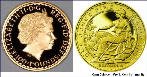 Better preview of new UK 2005 gold proof 1 ounce Britannia, only available as part of 4 coin proof set. Quarters and tenths are available separately, though. Release date June 2005.