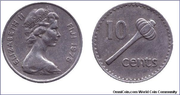Fiji, 10 cents, 1978, Cu-Ni, Wooden club, Queen Elizabeth II.                                                                                                                                                                                                                                                                                                                                                                                                                                                       