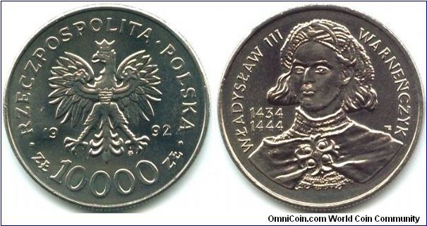 Poland, 10000 zlotych 1992.
King Wladyslaw III Warnenczyk (1434-1444).