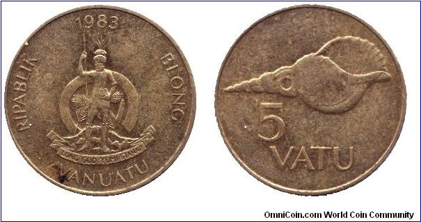 Vanuatu, 5 vatu, 1983, Ni-S, Sea shell.                                                                                                                                                                                                                                                                                                                                                                                                                                                                             
