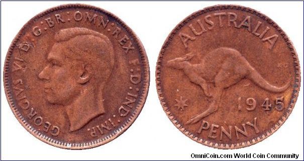 Australia, 1 penny, 1945, Bronze, Kangaroo, King George VI.                                                                                                                                                                                                                                                                                                                                                                                                                                                         