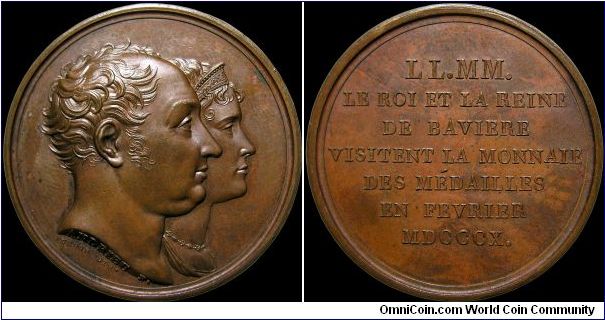 Visite du Roi et de la Reine de Baviere a la Monnaie des Médailles, France.

Another visitation medal, this one by the King and Queen of Bavaria.                                                                                                                                                                                                                                                                                                                                                                 