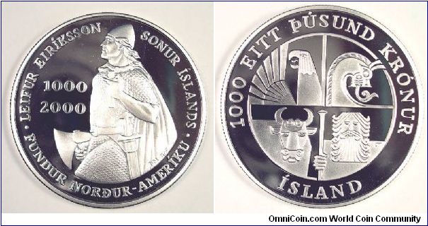 2000 Leif Ericson Millennium silver proof 1000 Kronors. This coin was struck at the U.S. Mint.