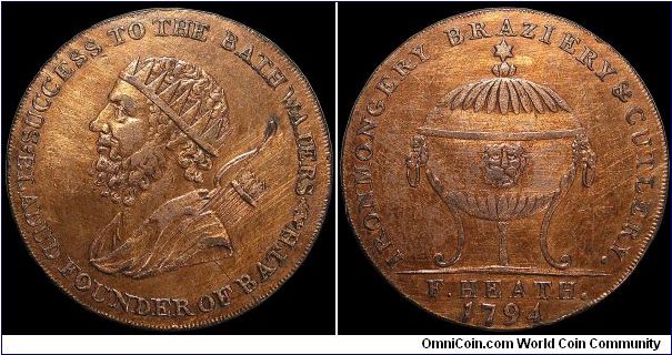 ½ Penny Conder Token.

The founder of Bath was Bladud. The reverse depicts a tea-urn and could be made of copper, silver plate or silver depending on your means. The issuer of this token was Heath, an ironmonger, brazier and cutler in Bath.                                                                                                                                                                                                                                                                  