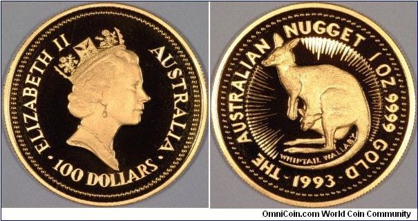 The 1993 proof one ounce nugget features the Whiptail Wallaby.
This happens to be the 10,000th coin listed on Omnicoin.