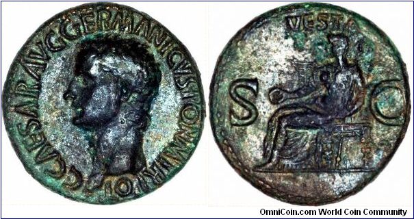 Bronze 'As' of Caligula, AD 37 - 41, the heir of Tiberius. Vesta is shown seated on the reverse.