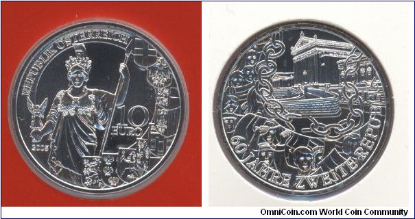 10 euro silver coin commemorating 60th aniversary of the Zweite Republik