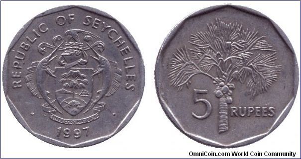 Seychelles, 5 rupees, 1997, Cu-Ni, Coco-de-mer Palm tree                                                                                                                                                                                                                                                                                                                                                                                                                                                            