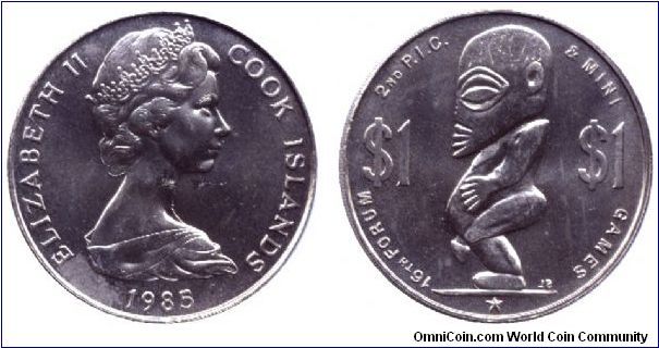 Cook Islands, 1 dollar, 1985, Cu-Ni, 16th Forum 2nd P.I.C.& mini Games. This is the only coin where Queen Elizabeth can be seen together (on the other side) with a penis.                                                                                                                                                                                                                                                                                                                                          