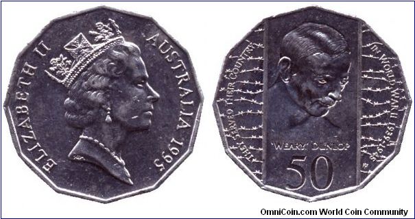 Australia, 50 cents, 1995, 'Weary' Dunlop, Queen Elizabeth II.                                                                                                                                                                                                                                                                                                                                                                                                                                                      