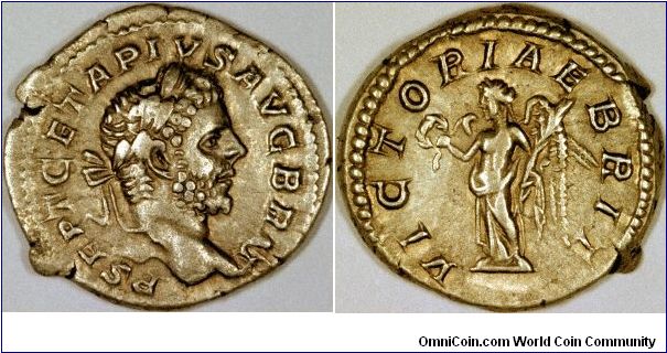 This denarius of Geta mentions Britain in its reverse legend of VICTORIAE BRIT, Victory over the Brits. Geta was later murdered by his brother Caracalla.