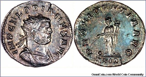 Silvery antoninianus 
AD 276 Marcus Annius Florianus.
Florian was the half brother of the Emperor Tacitus.
When Tacitus agreed to accept the purple after an interregnum of about eight months following the murder of Aurelian, Florian accompanied him on a campaign to Thrace, where they repelled a Gothic invasion of Asia Minor. When Tacitus, who was aged 75, died from the rigours of the campaign and the climate, Florian was raised to Emperor by the Senate, and with the agreement of the Western