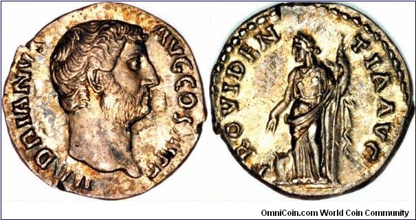Silver denarius of Hadrian, famous for the construction of Hadians' Wall across Northern Britain. The reverse show Providence standing. The obverse legend ...COS III PP allows us to date this coin between 128 and 134 AD.