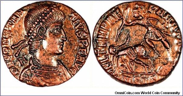 Constantius II was the second son of Constantine the Great, and inherited the eastern part of the empire in 337. His long reign was spent fighting on many frontiers.
With Constans, he introduced a new 'second brass' denomination called a centenionalis, as shown. This denomination was discontinued only six years later. The reverse shows a soldier spearing a fallen horseman.