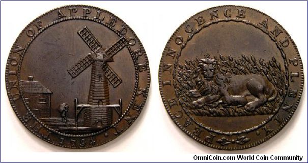 1794 Halfpenny sized Conder Token The Union of Appledore Kent around windmill. Peace Innocence and Plenty around lion and lamb. DH.3.