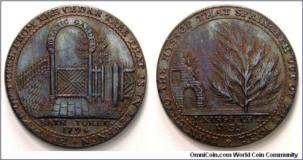 1794 Halfpenny sized Conder Token. Somersetshire, Bath. Botanic Gardens Gate. Scriptures. Tree and ruins. Scriptures. DH.26