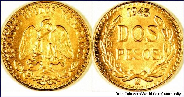 The Mexican gold 2 pesos used to be a very popular small bullion coin before fractional krugerrands were introduced in 1980. Apart from investors and collectors, we used to sell large quantities to jewellery manufacturers for use in jewellery, particularly ear-rings, where their small size (12.85 mms), and low weight (1.66 grams) made them ideal.
Dated from 1919 to 1947, the 1945 date is the easiest to find. We believe these are still officially restruck using this date.