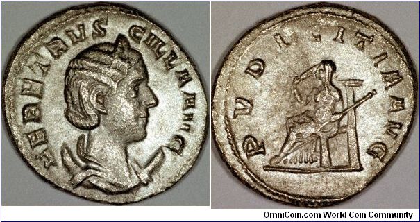 Silver antoninianus of Herennia Etruscilla, wife of Trajan Decius, and mother of Herennius Etruscus and Hostilian. The reverse type is Pudicitia seated facing left holding sceptre.