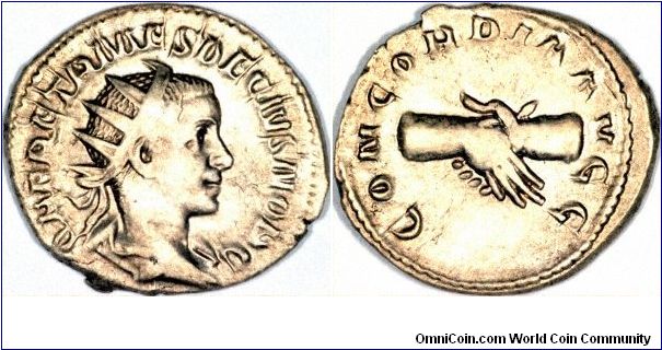 Antoninianus of Herennius Etruscus. He was the elder son of Trajan Decius and Herennia Etruscilla.  Having joined his father in military campaigns, he died in battle against the Goths at Abrittus.