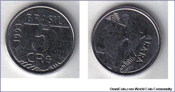 CR$ 5 Cruzeiros Reais. No reverso figura de 2 araras.