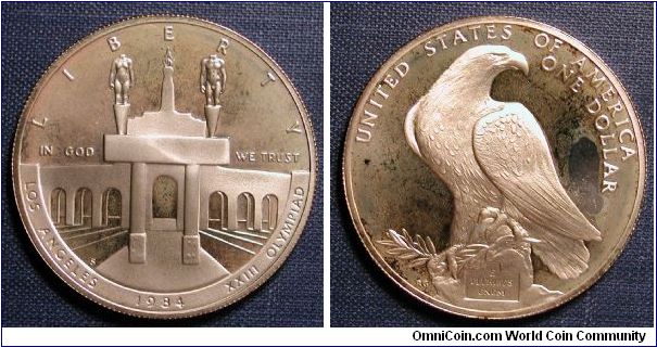 1984-S US Olympic Silver Dollar Proof

.900 Silver 
26.73g
diam 38.10mm

To Commemorate the 1984 Los Angeles Olympic Games