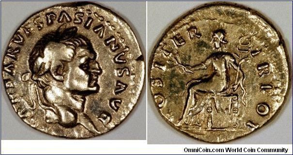 Vespasian's rise to power wasn't for his looks!, looking like a boxer. This is a good clue because his military skills caused his elevation. His two sons, Titus and Domitian each succeeded him in turn. Silver denarius with laureate head facing right with the legend IMP CAESAR VESPASIANUS AUG. The reverse shows a seated figure of Pax left holding a branch and caduceus, with the legend COS ITER TR POT. Iter = again, indicating he was consul for a 2nd time enabling us to date this coin to 70 AD.