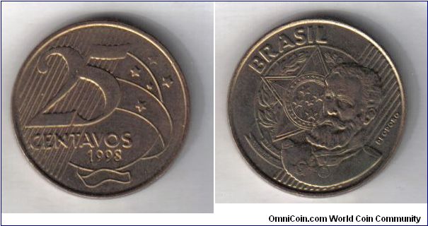 Moeda de 25 centavos de real.
Deodoro da Fonseca.